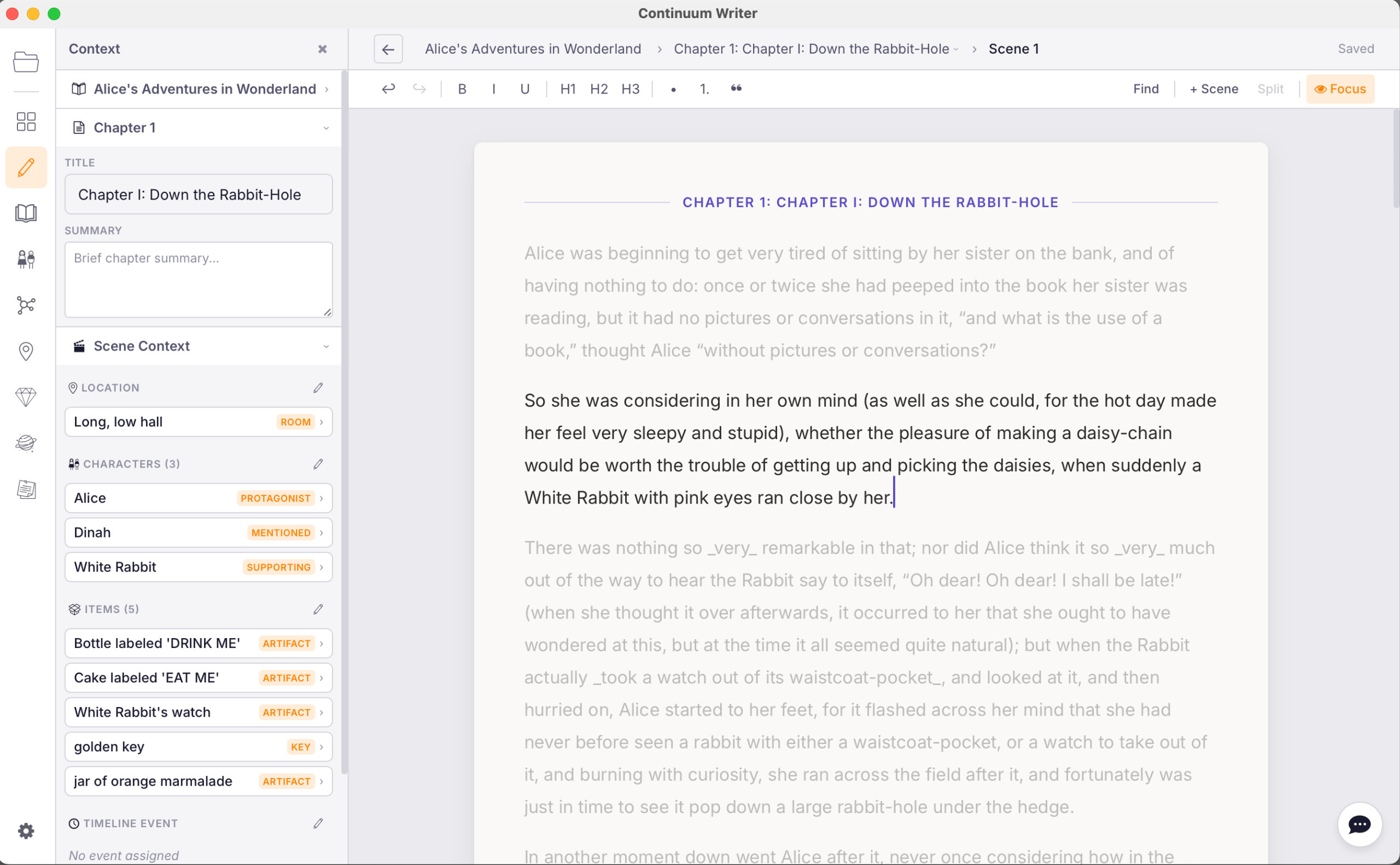 Plottik manuscript editor with focus mode